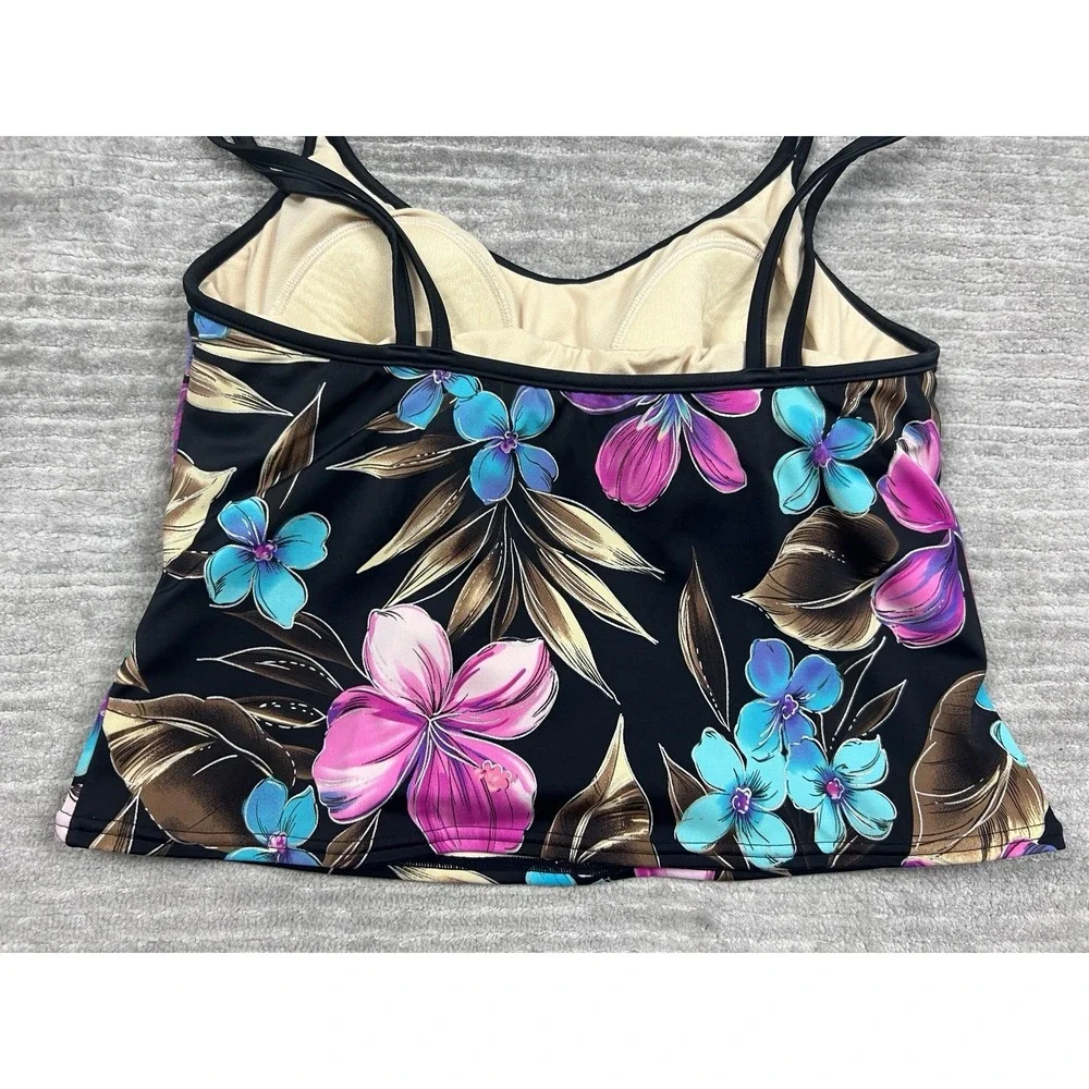 White Stag Tankini Womens Large Black‎ Floral Sleeveless Nylon Blend